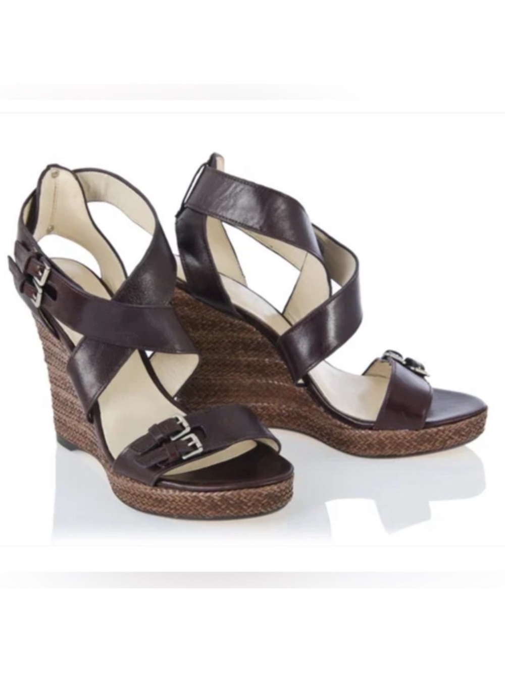 KORS Michael Kors Brown Leather Jute Wedge Sandals Size 8